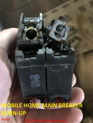 Mobile home aluminum wiring, breaker burn up (C) InspectApedia.com Kelso