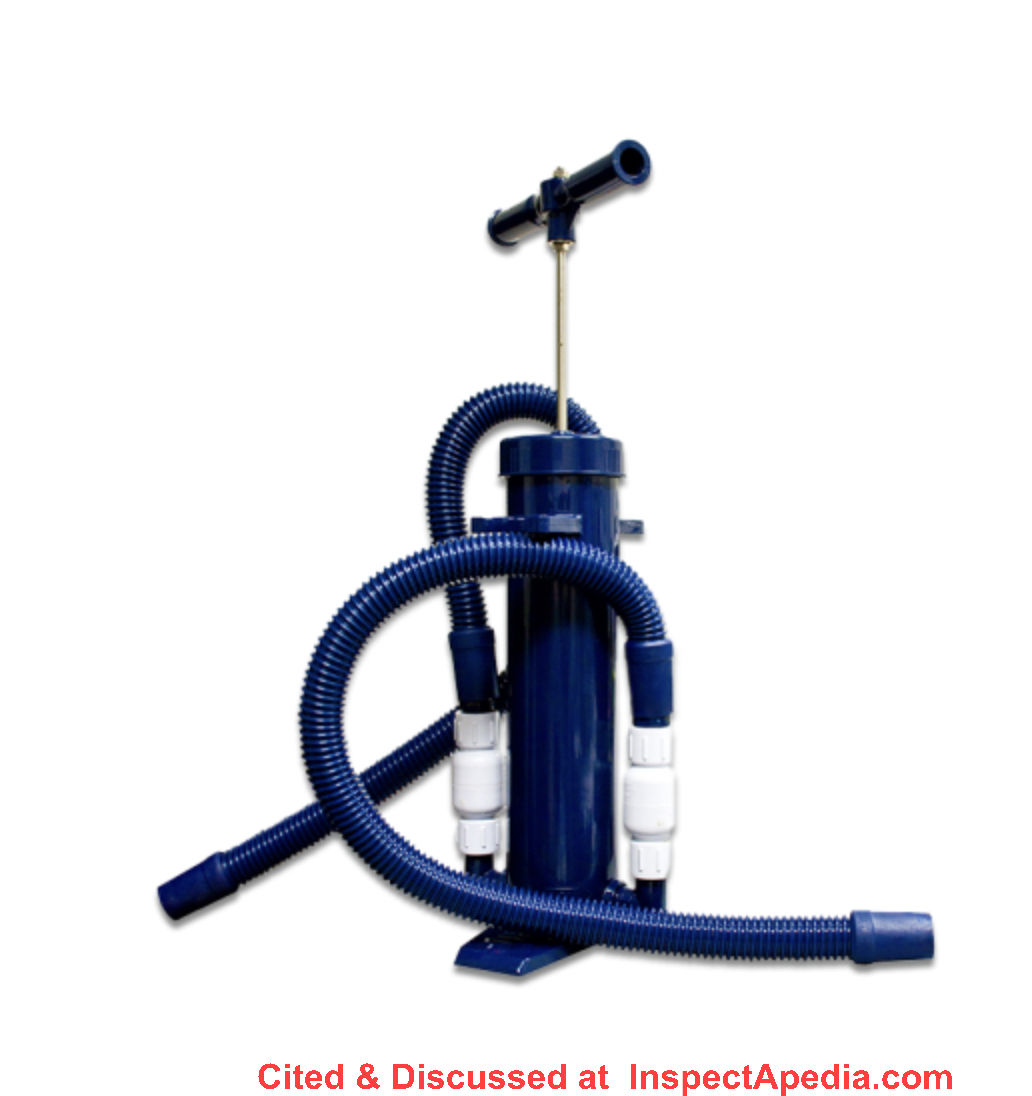 Mighty pump can be sued to un-block a clogged HVAC condensate drain line - cited & discussed at InspectApedia.com