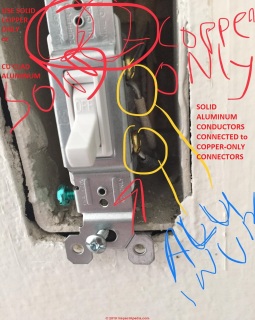 Improper solid conductor aluminum wire connections to a switch and to a splice (C) InspectApedia.com Theo