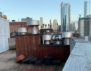 Crowded chimney tops and flues in Chicago (C) InspectApedia.com Stern