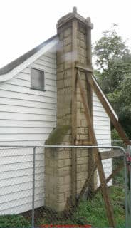 Chimney damaged, split by New Zealand earthquakes in Christchurch 2010 2011 (C) Daniel Friedman at InspectApedia.com