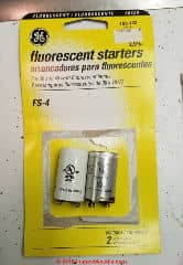 Florescent light starter showing that modern GE brand starters for florescent lights are very fragile and poorly made (C) Daniel Friedman at InspectApedia.com
