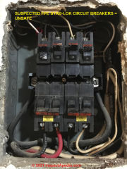 FPE breakers in sub panel - unsafe (C) Inspectapedia.com John S