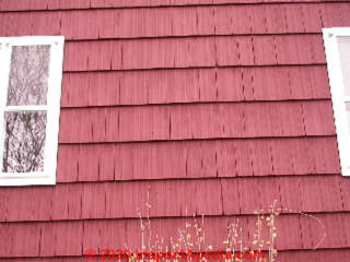 Brushed wood cedar shingle siding paint wear (C) Daniel Friedman at InspectApedia.com