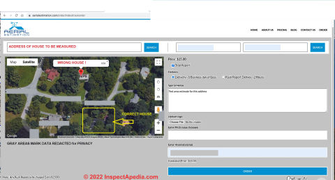 Oops: using google maps to try to get the area of a roof using aerialestimation.com pointed the service and us to the wrong building (C) InspectApedia.com