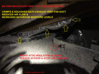 Crimps and bends reduce bath exhaust vent effectiveness (C) InspectApedia.com PH